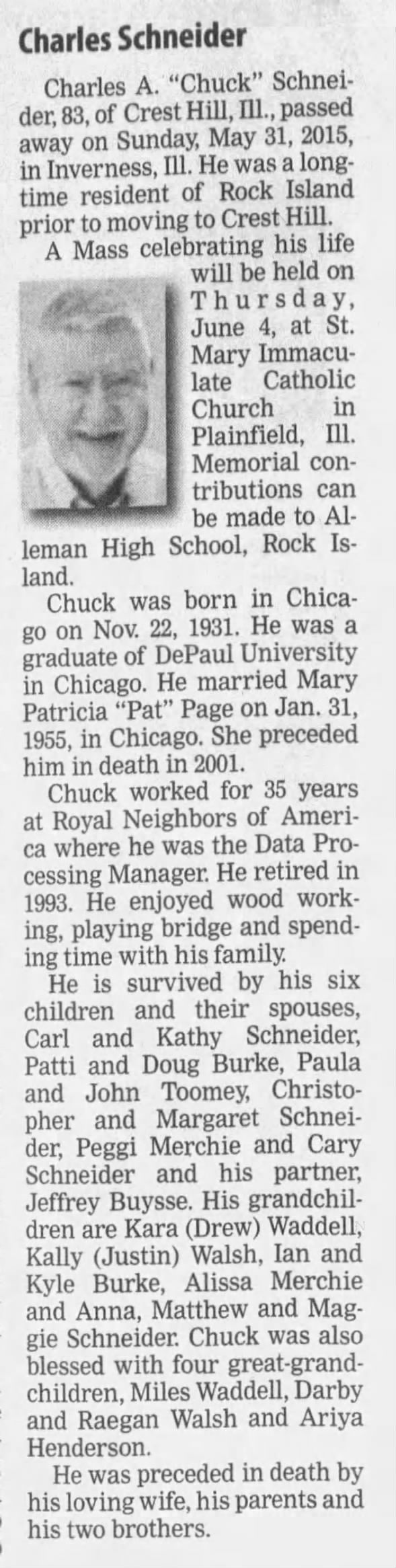Schneider CA Jr - Obit